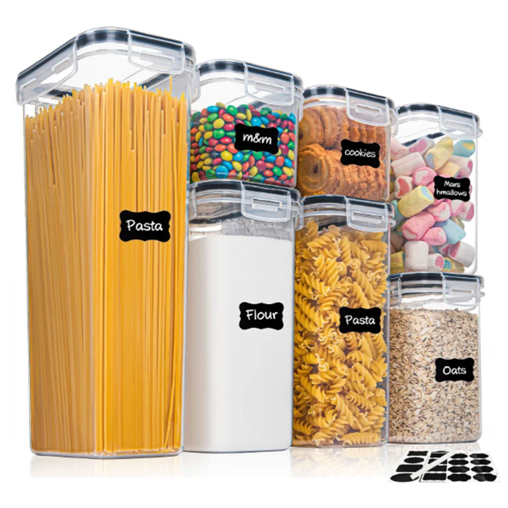 Conjunto de 7 recipientes para alimentos de cozinha, caixa de armazenamento hermética de plástico com 10 adesivos e caneta ButFly