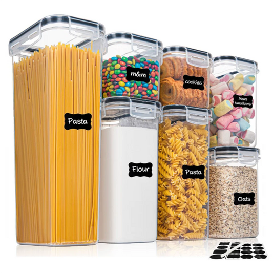Conjunto de 7 recipientes para alimentos de cozinha, caixa de armazenamento hermética de plástico com 10 adesivos e caneta ButFly